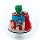 Cake adorned with Avengers logo and hammer motif.