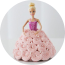 A Barbie doll cake with a pink dress and pink icing, perfect for any celebration.